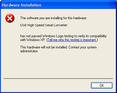 5.3. Windows XP Windows XP muestra un mensaje de error y luego termina con la instalación Si se muestra la pantalla siguiente con este mensaje, Windows XP ha sido configurado para bloquear la