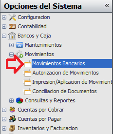 1. Coloque el cursor sobre la ventana de Movimientos Bancarios y presione el botón de Nuevo (F2) que se encuentra en la barra principal de tareas. 2.