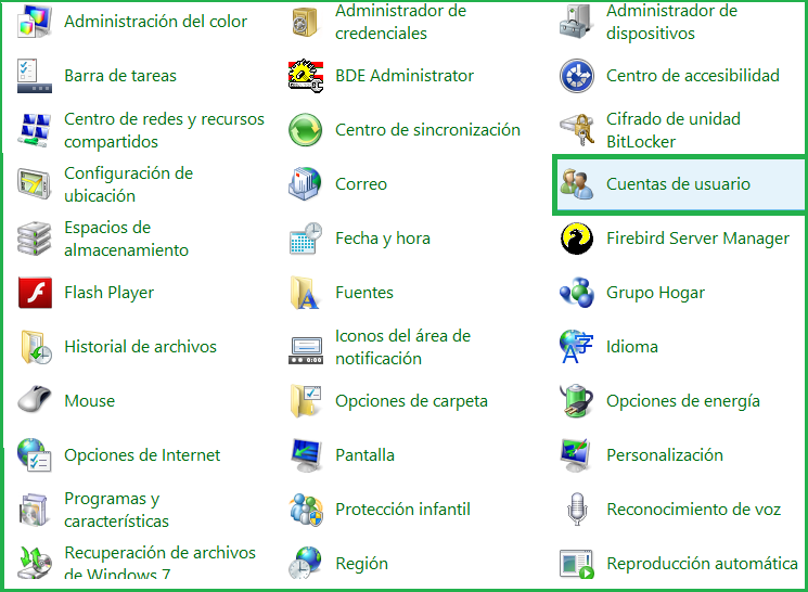 III. CONFIGURACIÓN DE CUENTAS DE USUARIOS NOTA: Esta configuración NO es necesaria en Windows XP, sólo aplica para Windows Vista, 7 y 8 a) Para realizar esta configuración vaya al Panel de Control