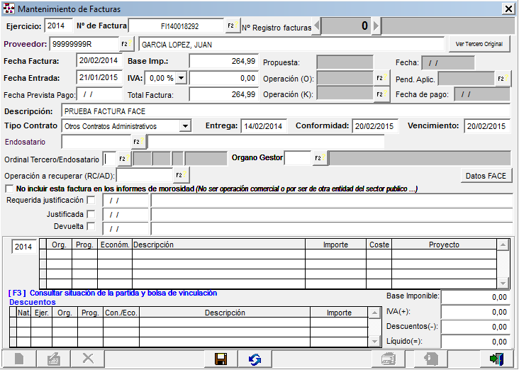 Se rellenan los campos con la información de los datos de la factura enviada (fechas, importes, proveedor, ).