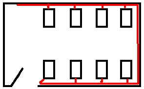 El esquema anterior presenta la colocación de los ordenadores y como podemos ver, la mejor colocación para el cableado(color rojo) es en forma de U, de esta forma podemos evitar realizar complicadas