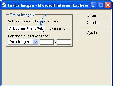 En el dialogo [insertar imagen] presione el botón Enviar Imagen para subir desde su maquina una imagen al servidor (sólo se pueden insertar imágenes del servidor).