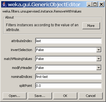 Selección de instancias con condiciones sobre atributos Vamos a utilizar el filtro RemoveWithValues, que elimina las instancias de acuerdo a condiciones definidas sobre uno de los atributos.