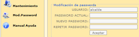 Administrar Contactar con el Ayuntamiento 04/01/2010 4/ 4 Modificar el Password o Contraseña. El usuario puede en todo momento cambiar su password por uno nuevo.