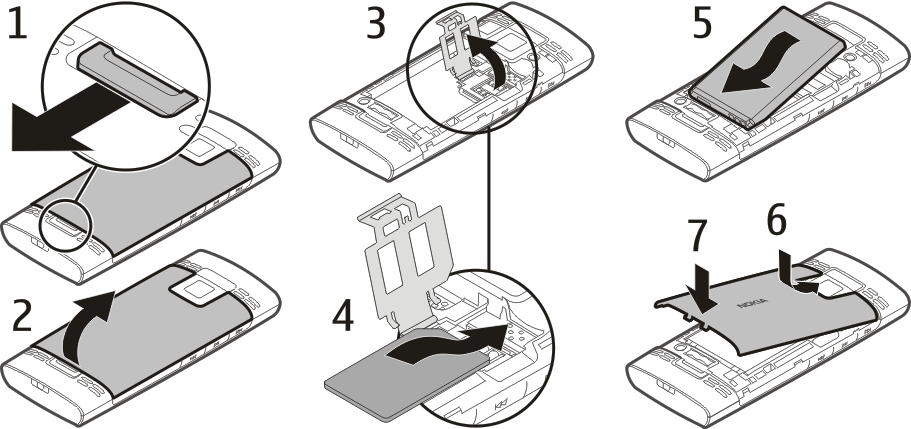 10 Conceptos básicos 1 Extraiga la carcasa posterior y la batería. 2 Abra el soporte de la tarjeta SIM. 3 Inserte la tarjeta SIM en el soporte con la superficie de contacto orientada hacia abajo.