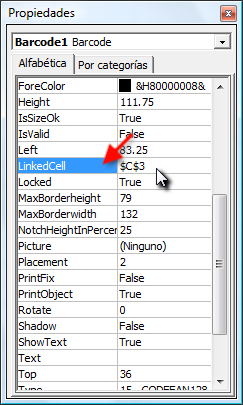 Establezcan relaciones entre una célula y el código de barras: Abran el diálogo de la propiedad de Excel como se describe anteriormente.