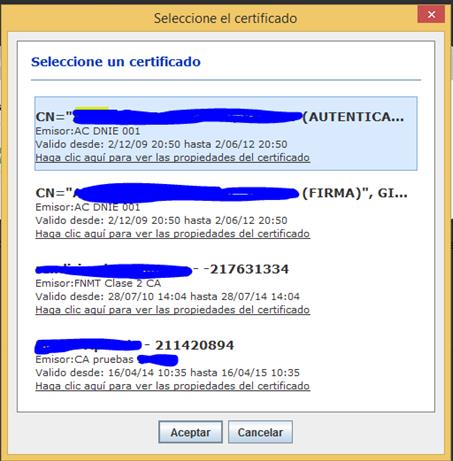 Los certificados que tenga instalados en Mozilla Firefox no aparecerán en la lista debido a que este navegador utiliza otro sistema de almacenamiento.