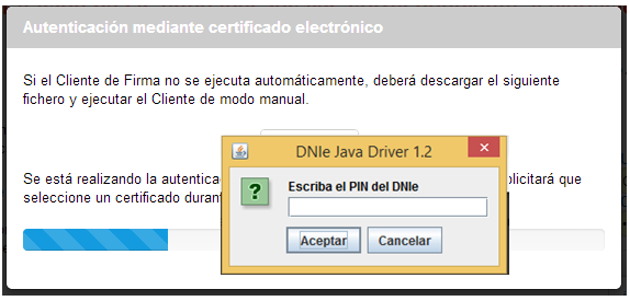 En caso de disponer de un DNI electrónico conectado a su equipo, el Cliente de Firma solicitará el pin de acceso A continuación deberá seleccionar el certificado que desea