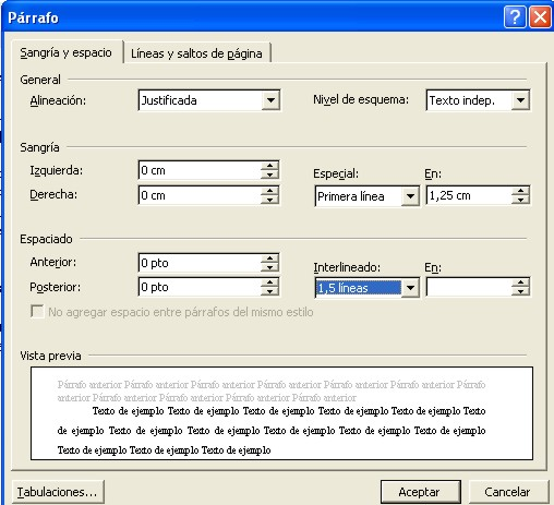 Formato del Párrafo Mediante las opciones del menú Formato Párrafo se pueden manejar todas las características del formato párrafo.