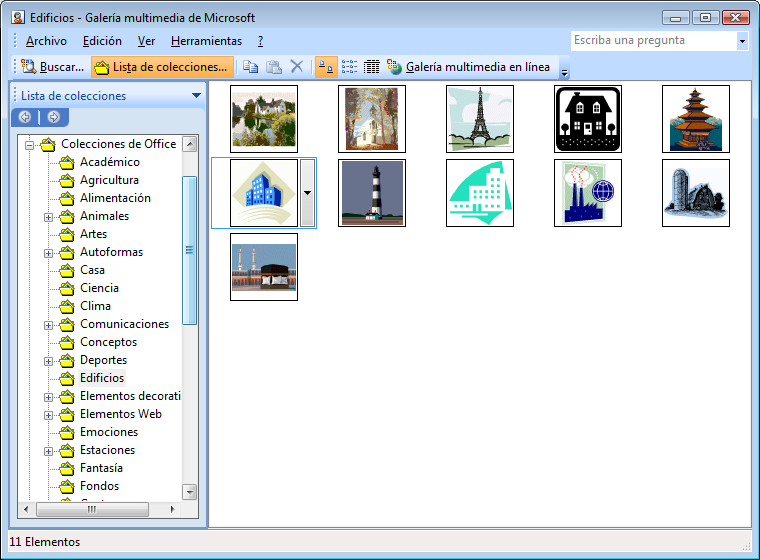 La Galería multimedia de Microsoft contiene dibujos, fotografías, sonidos, vídeos y otros archivos multimedia, denominados clips, que podemos insertar.