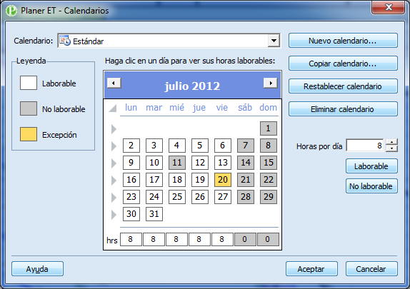 6. Definir el calendario del proyecto Menú/ Herramientas/ Calendarios Puede usar el calendario del proyecto para reflejar los días y horas laborables del proyecto.