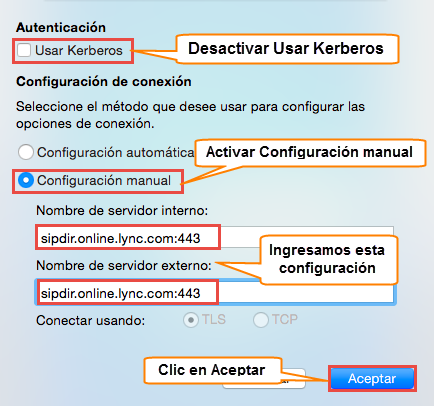 c) En Autenticación, desactive la casilla de verificación Usar Kerberos. d) En Configuración de conexión, hacer clic en Configuración manual.