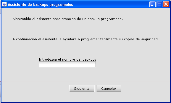 Descripción de las acciones: Creación de un backup programado Al seleccionar el botón de Nuevo backup programado, a través de una ventana emergente, se da al usuario la opción de programar las copias