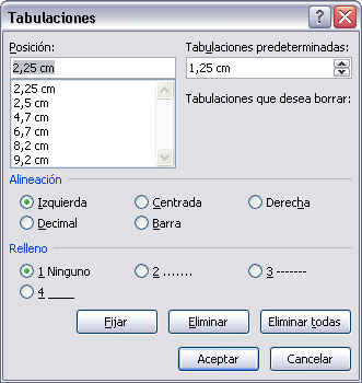 Otros formatos. Tabulaciones Las tabulaciones son posiciones fijas a las cuales se desplaza el cursor cuando pulsamos la tecla de tabulación TAB.