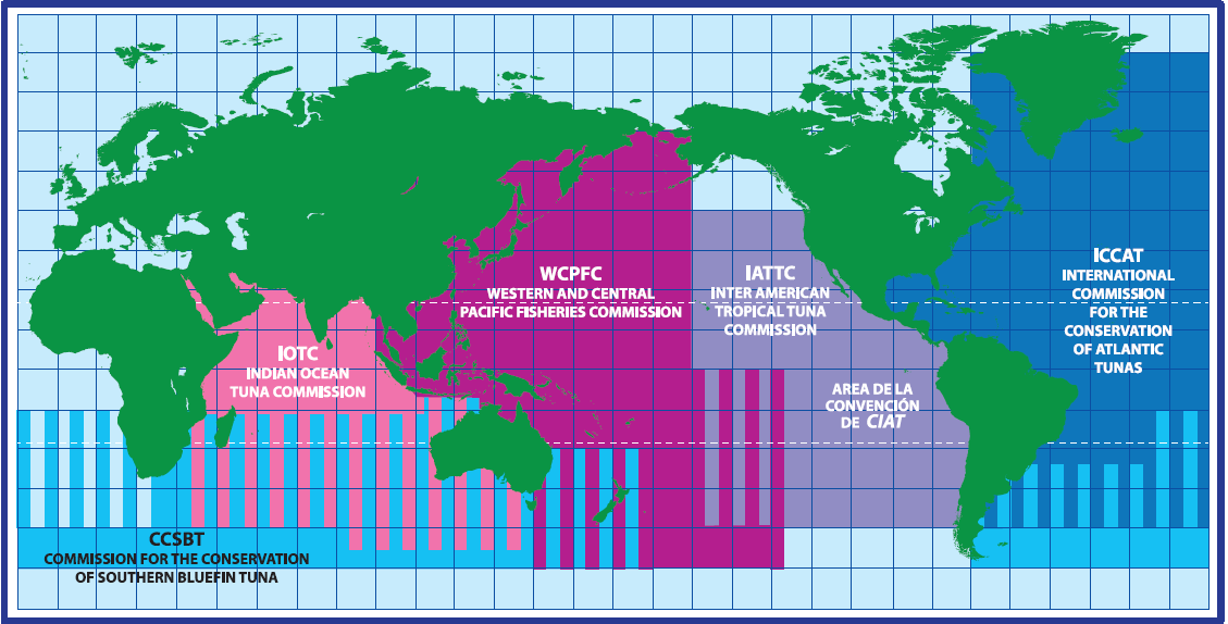 El mapa No.1 muestra el área de influencia de cada una de las comisiones para la conservación del atún. Mapa No.1 Area de Influencia de las Comisiones Internacionales para la conservación del atún 2.