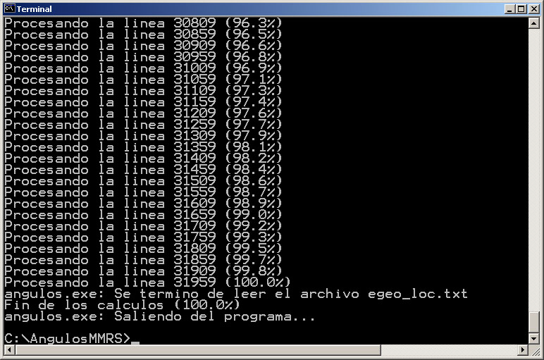 al finalizar la ejecución se verá en la terminal un mensaje como el siguiente: Luego en el directorio de trabajo, que en nuestro ejemplo es C:\AngulosMMRS\, se encontrará el archivo salida.