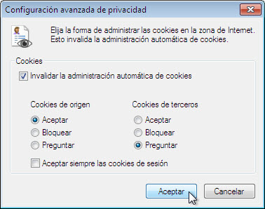 Se abre la ventana Configuración avanzada de privacidad. Establezca la siguiente configuración: La casilla Invalidar la administración automática de cookies tiene una marca de verificación.