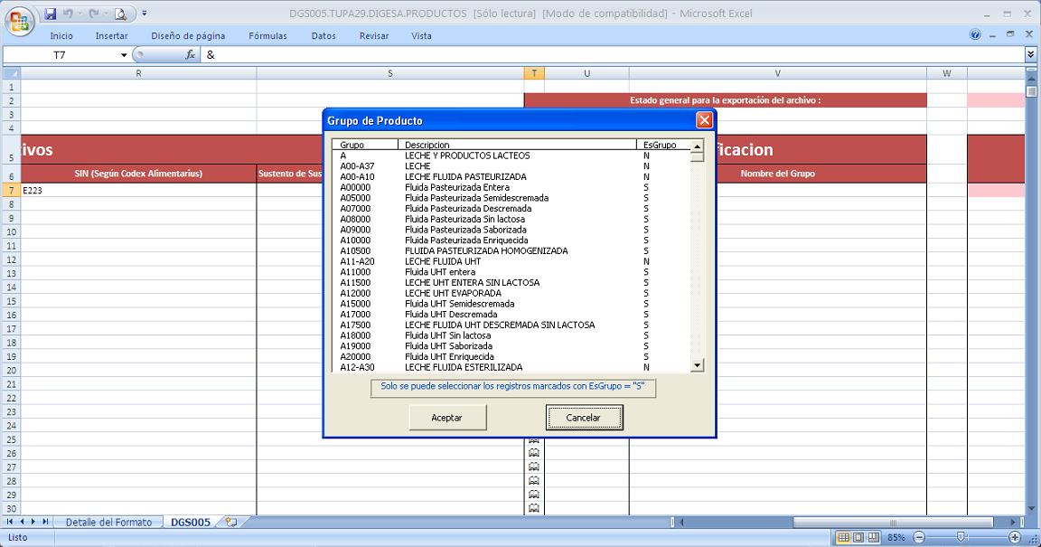 Para el campo Clasificación también se cuenta con una tabla de ayuda, dando clic en muestra la pantalla Grupo de Producto.
