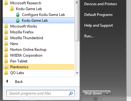 Entrando al Programa 1. Kodu puede ser encontrado bajo el agrupamiento de Microsoft Research en su menú de Programa. 2.