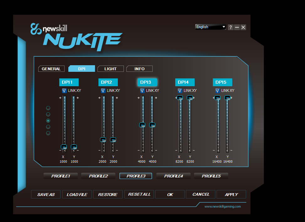 Software Confiuración de DPIs NUKITE dispone de configuración de DPIs con un rango de 50 a 16400.