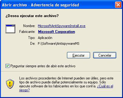 En caso de que el sistema de ejecución sea Windows XP con Service Pack 2 aparecerá el siguiente mensaje de advertencia.