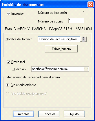 g) Si se desea, se puede imprimir la factura para control interno y/o enviar el archivo XML por correo electrónico (para que el envío sea automático, se debe tener configurado Microsoft Outlook ).