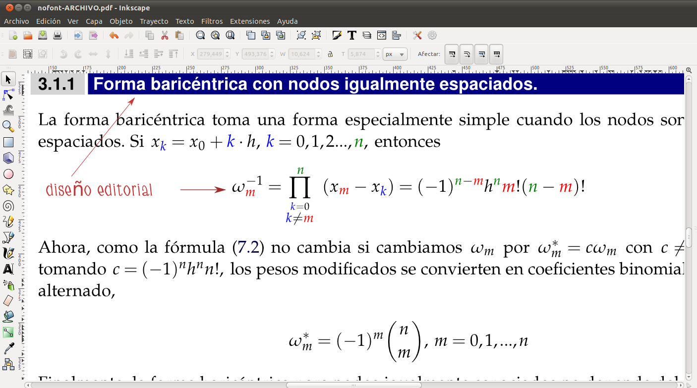104 DISEÑO EDITORIAL \usepackage{xcolor} \usepackage{mathpazo} \begin{document}... Figura 8.4 PDF original con fuentes MathPazo.ttf Figura 8.5 PDF en Inkscape.
