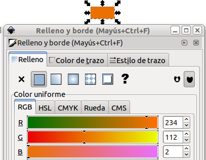 27 Ejemplo 3.19 Usando un selector de colores (en este caso, usamos Inkscape), podemos definir un anaranjado personalizado.