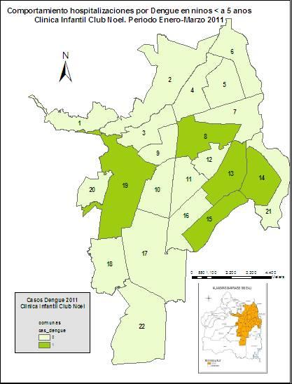 MAPA 3: Localización espacial de las hospitalizaciones de niños menores a 5 años, diagnosticados por Dengue en la ciudad de Cali, durante el periodo