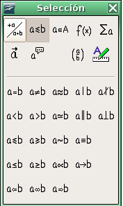 Operadores unarios binarios Las siguientes ventanas son: relaciones En esta ventana aparecen múltitud de símbolos que se usan frecuentemente en Matemáticas y que no todos están a nuestra disposición