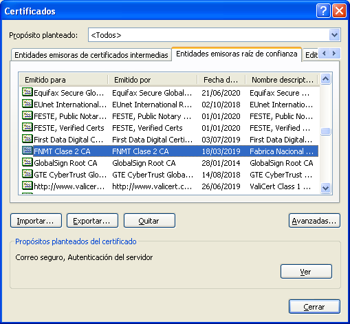 Almacén de certificados MS Certificate Store En el MS Certificate Store el certificado raíz de la FNMT debe estar habilitado para soportar