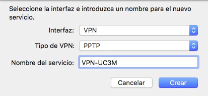 A continuación como Interfaz selecciona VPN y en Tipo de VPN selecciona PPTP. Elige un nombre para el servicio (en este caso VPN UC3M ) y pulsa en Crear.