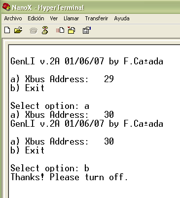 A continuación escriba dccdcc en el Hyperterminal (o en su programa de terminal) con lo que GenLI-RS mostrará el siguiente menú: Para cambiar la dirección en el bus escriba a y a continuación el