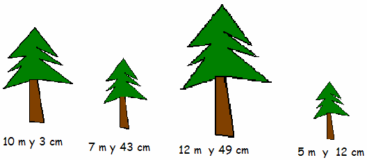 5. Calcula cuántos centímetros mide cada árbol: 1) 2) 3) 4) 6. Mide con una regla graduada y completa: Una hoja de papel mide de ancho cm y de largo cm.