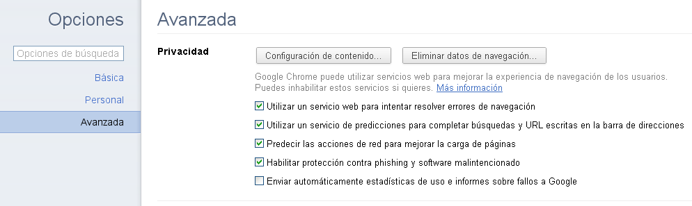 En Google Chrome: Haga clic en el icono con forma de llave inglesa navegador. situado en la barra de herramientas del Selecciona Opciones.