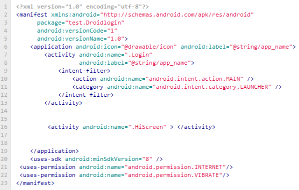 Ahora el AndroidManifest.xml. Como pueden ver hay definidas 2 activities definidos. Ahora veremos el código principal, comento en cada caso. /src/test/droidlogin/login.