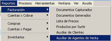 MENÚ / REPORTES / FACTURACIÓN / AUXILIAR DE AGENTES DE VENTA w.