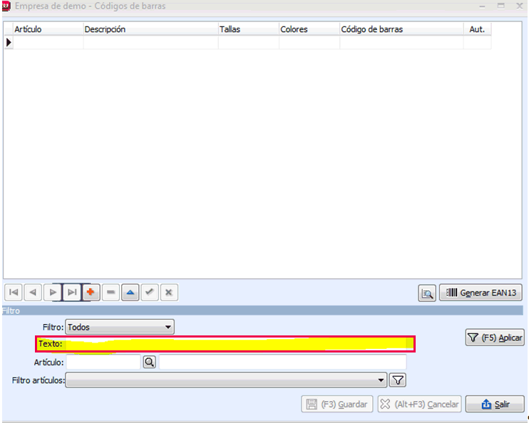 Buscar por texto en códigos de barra En la pantalla de códigos de barras se añade el campo Texto, buscará cualquier registro que contenga en alguna de las columnas el texto especificado.