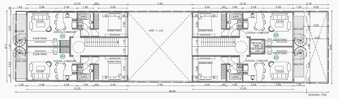 Segundo Piso Unidad 201: 2 ambientes, 42.92 m2 cubiertos con balcón terraza de 5.22 m2, total unidad 48.14 m2 Unidad 202: 2 ambientes, 44.67 m2 cubiertos con balcón terraza de 5.