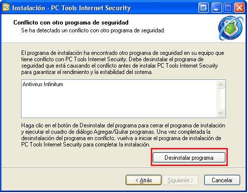 Debes dar clic en Siguiente. c) Si te aparece esta pantalla, indica que tienes otro Antivirus o Antispyware instalado.