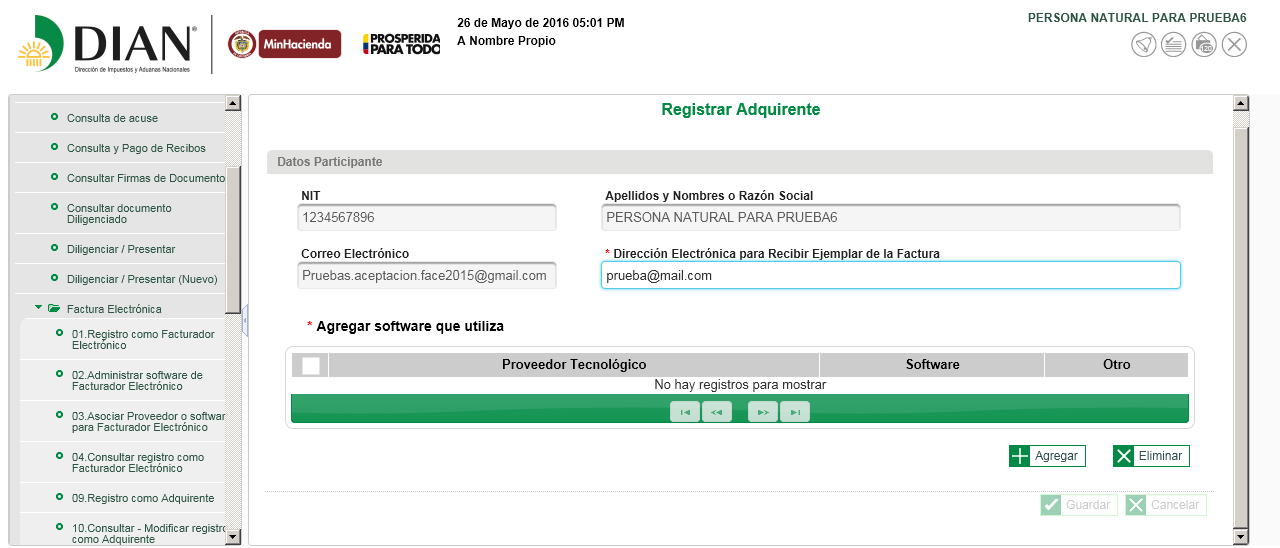 6. Adquirente 6.1. Registrar adquirente Esta opción permite registrar un participante como Adquirente.