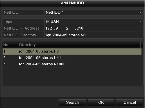 Añadir disco NAS: 1) Introduzca la dirección IP del NetHDD en el campo de texto. 2) Introduzca el directorio del NetHDD en el campo de texto.