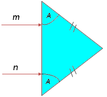 Problema (3) El prisma de la figura tiene un índice de refracción de 1.414 y los ángulos (A) valen 30 o (ver figura). Dos rayos luminosos m y n son paralelos cuando entran en el prisma.