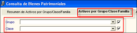 Pestaña: Activos por Grupo/Clase/Familia Muestra la información de los bienes patrimoniales, agrupado por Grupo, Clase y Familia; mostrando los datos del activo.