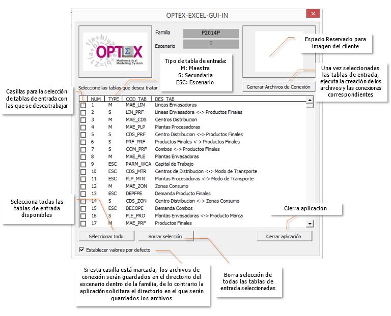 Al igual que la interfaz OPTEX-EXCEL-GUI-OUT, esta cuenta con una casilla para establecer los valores por defecto de la interfaz, si se encuentra activada, la interfaz guardara por defecto los