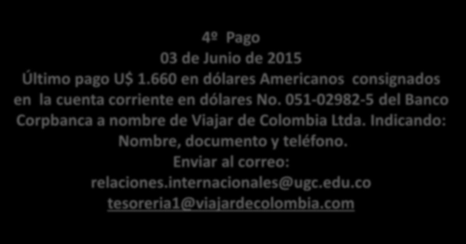 PROCEDIMIENTOS DE PAGOS 4º Pago 03 de Junio de 2015 Último pago U$ 1.660 en dólares Americanos consignados en la cuenta corriente en dólares No.