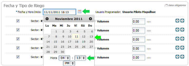 Programar Riegos 32 Al seleccionar la opción de Riego por Equipo, se despliega la siguiente pantalla: Deberá ingresar la fecha