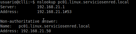 Podemos hacer una prueba pasando desde un host cliente una consulta con el nombre pc01.linux.serviciosenred.local al servidor principal y obtenemos el siguiente resultado. 3.