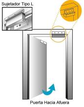 El electroimán se tiene que fijar a la pared superior del marco de la puerta con el soporte tipo L, en la esquina opuesta a las bisagras.