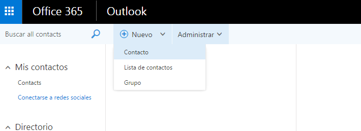 5. Funcionalidades de Office 365: Contactos a. Seleccionamos el icono de Contactos b. Nos aparecerá la siguiente pantalla c.